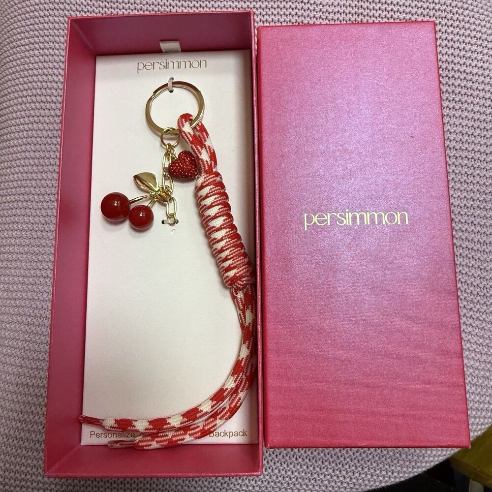Persimmon Gold Tone Bag Charm Keychain Hearts And Cherries Shiny Gift Box New